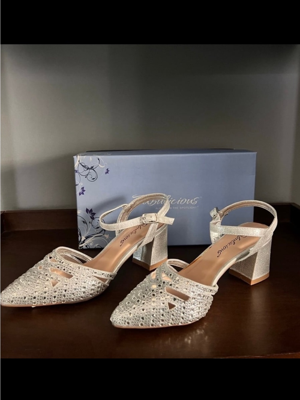 Fabulicious Crystal Embellished Silver Block Heel Sandal Sizes 6M,9M
